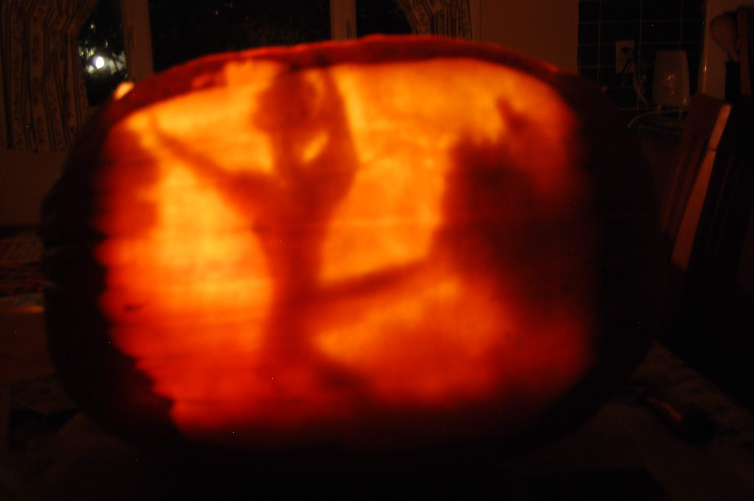 Pumpkin carved 2014 as a rock climber silhouetted against a desert sunset, a delayed-reveal piece that only resolves when the candle is lit from within.